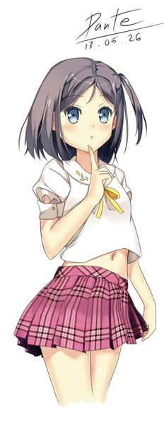 Anime picture 1376x3550 with hentai ouji to warawanai neko j.c. staff tsutsukakushi tsukiko haihovothan single tall image looking at viewer blush short hair blue eyes black hair simple background white background pleated skirt inscription one side up finger to mouth plaid skirt girl skirt