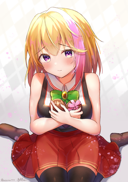 Anime picture 2171x3070 with original mixster single tall image looking at viewer blush fringe highres short hair blonde hair hair between eyes sitting purple eyes multicolored hair embarrassed streaked hair sleeveless wariza valentine rhombus