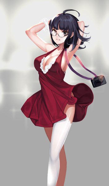 Anime picture 1439x2444 with original jjanda single tall image looking at viewer short hair breasts light erotic black hair simple background large breasts standing bare shoulders cleavage ahoge wind black eyes blurry armpit (armpits) sideboob