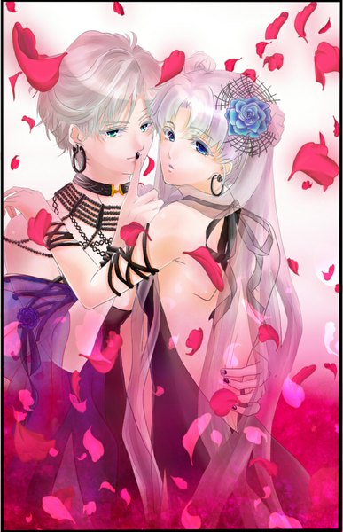 Anime picture 651x1010 with bishoujo senshi sailor moon toei animation tsukino usagi tenou haruka long hair tall image short hair blue eyes blonde hair bare shoulders multiple girls green eyes silver hair purple hair very long hair looking back hair flower hug finger to mouth bare back