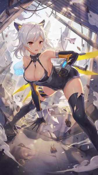 Anime picture 1152x2048 with girl cafe gun lida romero criin single tall image looking at viewer blush fringe short hair breasts open mouth light erotic red eyes large breasts standing payot cleavage silver hair full body head tilt