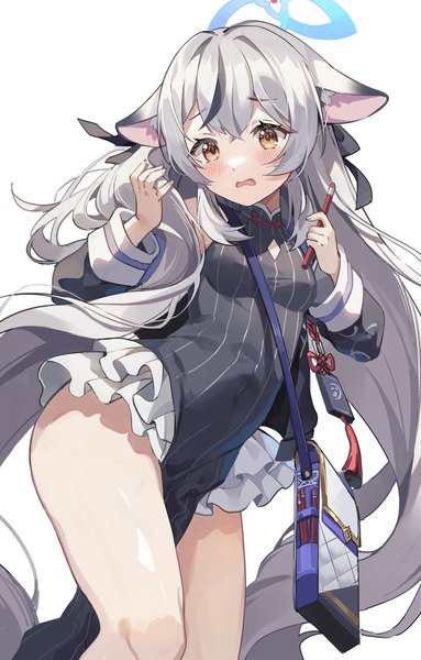Anime picture 1120x1754 with blue archive kokona (blue archive) hoshiko (419401x) single tall image fringe open mouth light erotic simple background hair between eyes white background animal ears yellow eyes looking away silver hair very long hair multicolored hair bare legs streaked hair girl