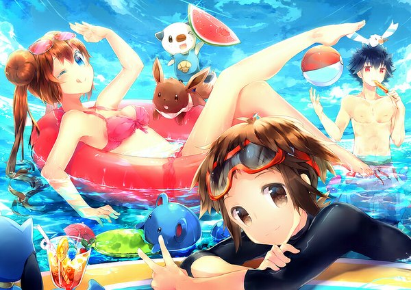 Anime picture 900x636 with pokemon pokemon black and white nintendo rosa (pokemon) eevee oshawott wingull marill nate (pokemon) luvdisc riolu hue (pokemon) namie-kun long hair looking at viewer blush short hair blue eyes black hair smile