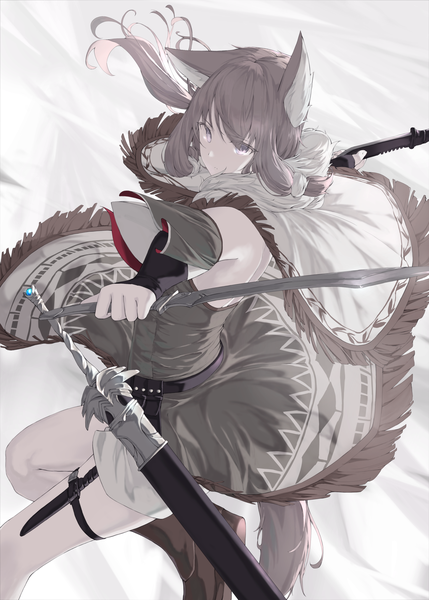 Anime picture 1553x2173 with original mikisai single long hair tall image looking at viewer fringe simple background hair between eyes holding animal ears payot tail animal tail grey hair silver eyes dual wielding sheathed wolf ears wolf tail