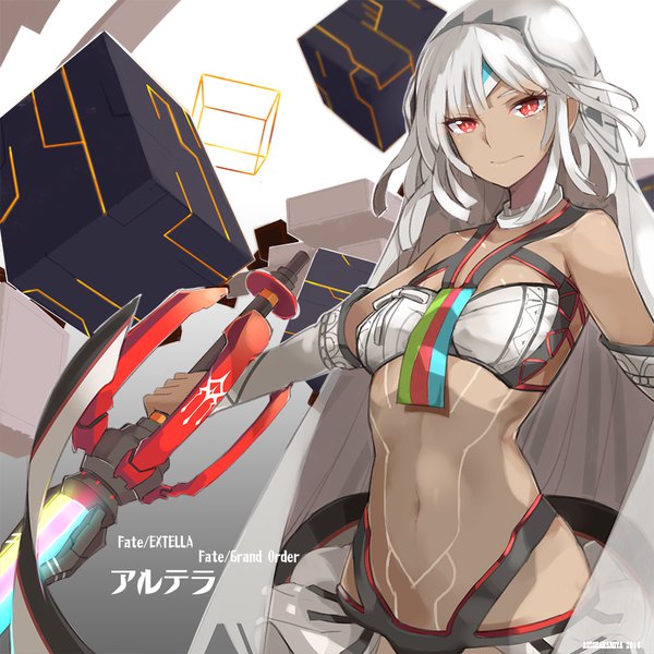 Anime picture 950x950 with fate (series) fate/grand order altera (fate) aosora kamiya single looking at viewer short hair simple background red eyes holding white hair grey background copyright name gradient background dark skin bodypaint girl navel weapon detached sleeves