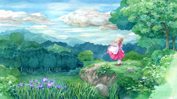 Anime picture 1252x700 with original efira long hair blonde hair wide image sky cloud (clouds) wind mountain nature traditional media watercolor (medium) girl dress flower (flowers) plant (plants) petals tree (trees) grass forest