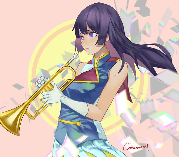 Anime picture 915x800 with hibike! euphonium kyoto animation kousaka reina croic single long hair black hair purple eyes signed payot looking away upper body wind girl gloves white gloves musical instrument trumpet