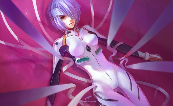 Anime picture 1600x976 with neon genesis evangelion rebuild of evangelion evangelion: 2.0 you can (not) advance gainax ayanami rei chenbo single fringe short hair breasts blue eyes red eyes wide image lying lips on back bob cut bandage over one eye girl bandage (bandages)