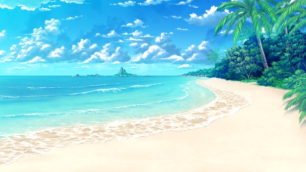 Anime picture 2048x1152 with guardian place skyfish (studio) highres wide image game cg sky cloud (clouds) beach landscape plant (plants) tree (trees) sea palm tree