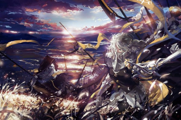 Anime picture 1400x933 with original pixiv fantasia pixiv fantasia fallen kings stu dts looking at viewer yellow eyes sky cloud (clouds) braid (braids) sunrise knight girl dress boy weapon plant (plants) sword sea armor cape