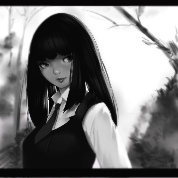 Anime picture 3507x3507 with original milk-doll single long hair looking at viewer fringe highres black hair smile absurdres upper body outdoors lips blurry monochrome letterboxed girl shirt necktie white shirt