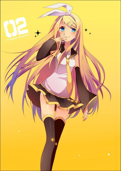 Anime picture 2149x3035 with vocaloid kagamine rin temari (deae) single long hair tall image looking at viewer blush highres blue eyes blonde hair simple background smile pleated skirt finger to mouth yellow background future style (module) girl thighhighs skirt