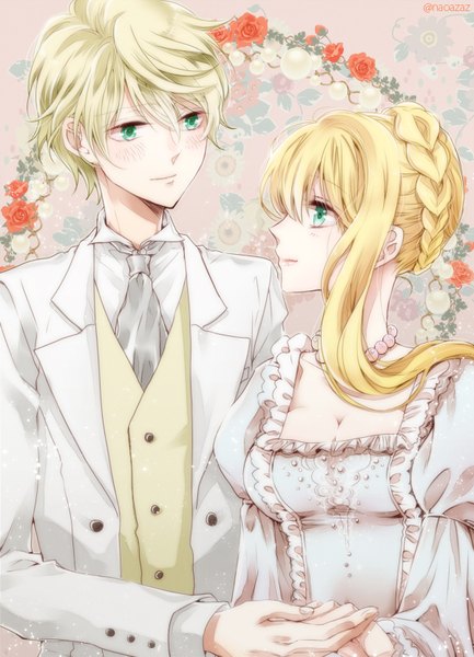 Anime picture 600x830 with aldnoah.zero a-1 pictures slaine troyard asseylum vers allusia naoazaz long hair tall image blush fringe short hair breasts blonde hair hair between eyes green eyes signed cleavage upper body braid (braids) profile light smile