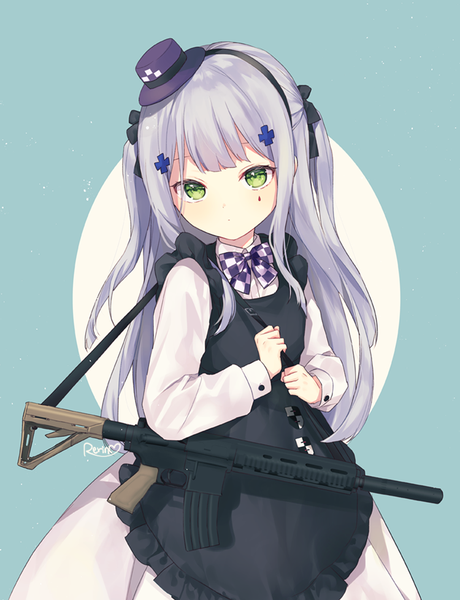 Anime picture 750x978 with girls frontline hk416 (girls frontline) hk416 (black kitty's gift) (girls frontline) silltare single long hair tall image looking at viewer blush fringe simple background standing holding green eyes signed silver hair blunt bangs long sleeves two side up official alternate costume