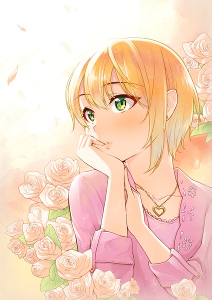 Anime picture 778x1100 with idolmaster idolmaster cinderella girls miyamoto frederica fumiya-taketatsu single tall image blush fringe short hair simple background blonde hair hair between eyes green eyes looking away upper body chin rest thinking girl flower (flowers) earrings