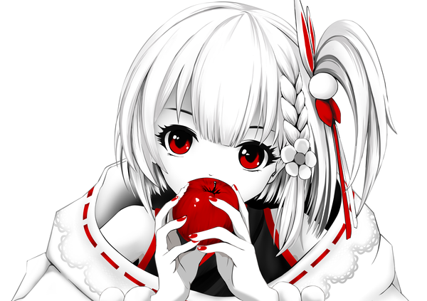 Anime picture 2580x1821 with virtual youtuber tenjin kotone (channel) tenjin kotone gibun (sozoshu) single looking at viewer fringe highres short hair simple background red eyes white background holding upper body braid (braids) nail polish head tilt one side up monochrome side braid