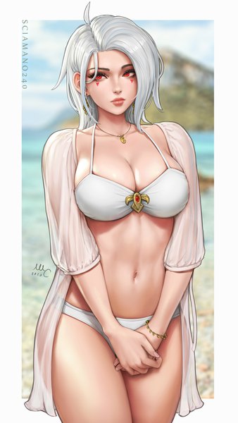 Anime-Bild 1688x3000 mit original bianca (sciamano240) sciamano240 single tall image fringe short hair breasts light erotic red eyes large breasts standing signed looking away cleavage silver hair ahoge lips blurry realistic