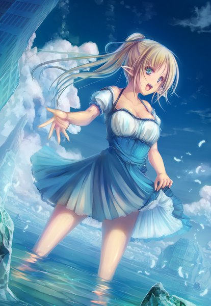 Anime-Bild 1450x2100 mit original tenmaso single long hair tall image fringe breasts open mouth blonde hair smile green eyes looking away sky cleavage cloud (clouds) outdoors ponytail :d wind pointy ears