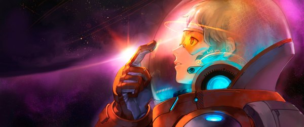 Anime picture 4096x1714 with original asuka111 single highres short hair blonde hair brown hair wide image sunlight space boy gloves glasses sun spacesuit