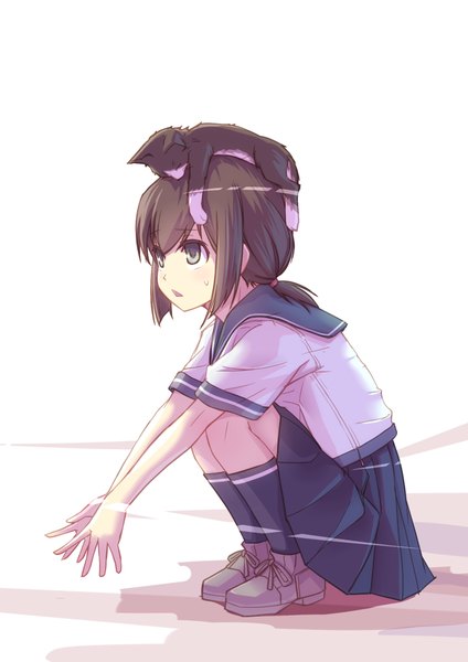 Anime picture 707x1000 with kantai collection fubuki destroyer haiiro long hair tall image fringe brown hair sitting brown eyes looking away pleated skirt shadow squat sleeping girl skirt uniform animal socks serafuku