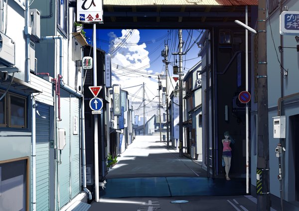 Anime picture 2045x1446 with original kuronokuro single long hair highres blue eyes black hair blue hair sky ponytail eating scenic summer street girl food shorts sweets cat ice cream