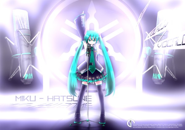 Anime picture 1400x990 with vocaloid hatsune miku abchipika single long hair twintails aqua eyes aqua hair girl thighhighs detached sleeves necktie thigh boots microphone microphone stand