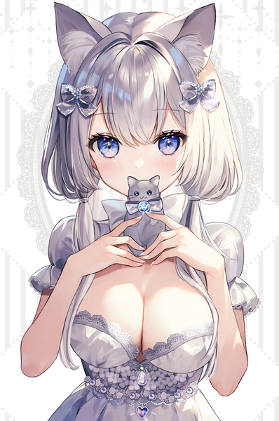 Anime picture 1376x2072 with original aria (ariacue) single long hair tall image looking at viewer fringe breasts blue eyes light erotic hair between eyes large breasts twintails animal ears cleavage silver hair cat ears low twintails covered mouth girl