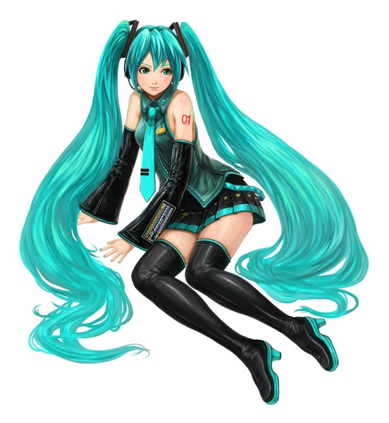 Anime picture 1168x1269 with vocaloid hatsune miku fayse single tall image simple background white background twintails very long hair aqua eyes aqua hair zettai ryouiki girl detached sleeves miniskirt necktie headphones thigh boots