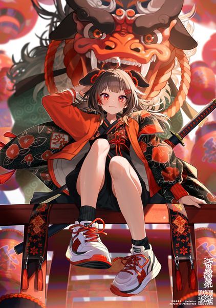 Anime picture 1757x2500 with original ronica single long hair tall image looking at viewer blush fringe highres smile red eyes brown hair sitting full body ahoge bent knee (knees) blunt bangs long sleeves traditional clothes japanese clothes