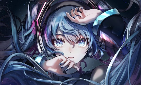 Anime picture 4094x2467 with vocaloid hatsune miku pipi single long hair looking at viewer fringe highres blue eyes hair between eyes wide image twintails blue hair absurdres nail polish face girl headphones