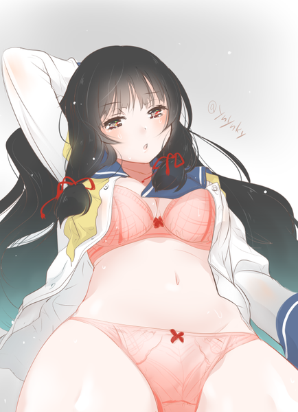 Anime picture 633x875 with kantai collection isokaze destroyer yuzuki yuno single long hair tall image looking at viewer blush breasts light erotic black hair red eyes cleavage open clothes open shirt tress ribbon girl navel uniform underwear