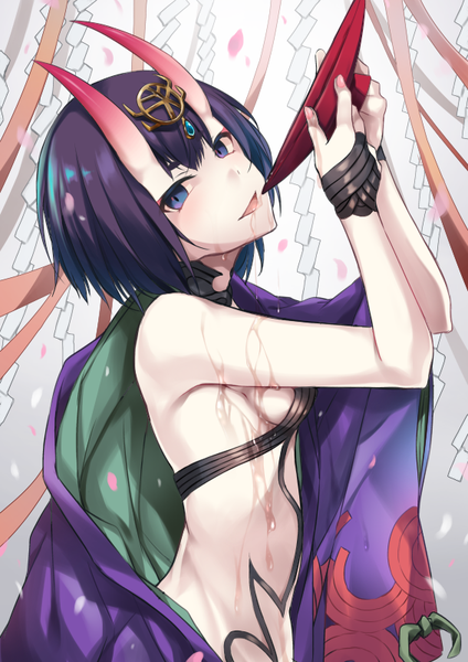 Anime picture 566x800 with fate (series) fate/grand order shuten douji (fate) hirai yuzuki single tall image looking at viewer blush fringe short hair breasts open mouth blue eyes light erotic simple background hair between eyes standing holding purple hair horn (horns)