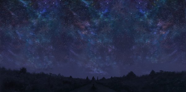 Anime picture 4017x2000 with original totuka single highres wide image sky from behind night sky landscape scenic milky way boy scarf star (stars) coat