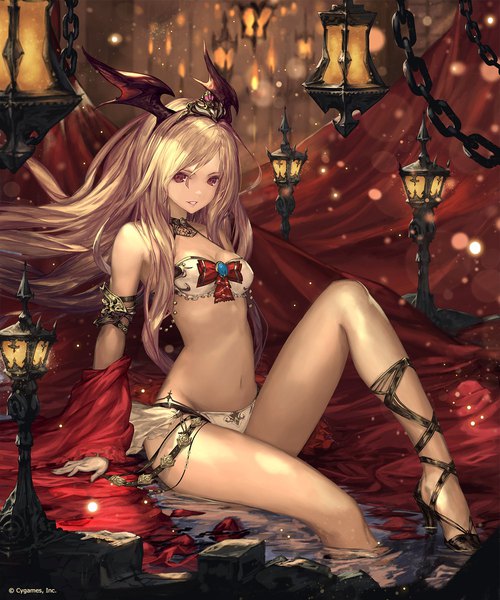Anime picture 1500x1800 with shadowverse queen vampire (shadowverse) tachikawa mushimaro (bimo) single long hair tall image looking at viewer fringe breasts light erotic blonde hair smile red eyes sitting bare shoulders cleavage bent knee (knees) indoors parted lips arm support