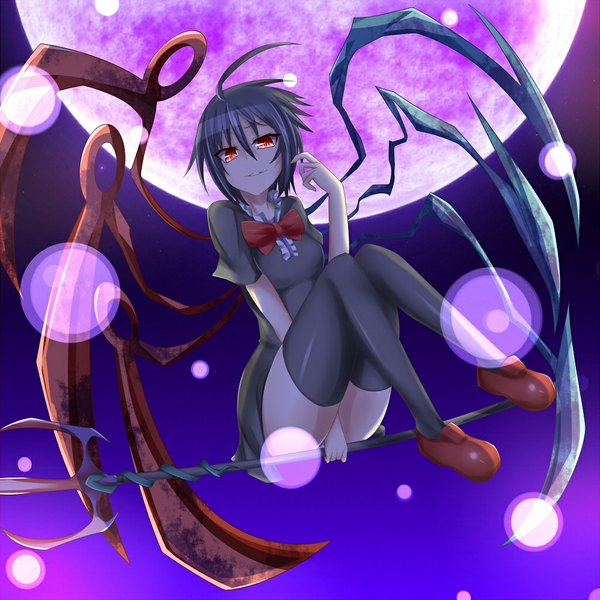 Anime picture 1024x1024 with touhou houjuu nue suterii short hair black hair red eyes ahoge night girl thighhighs black thighhighs wings moon staff