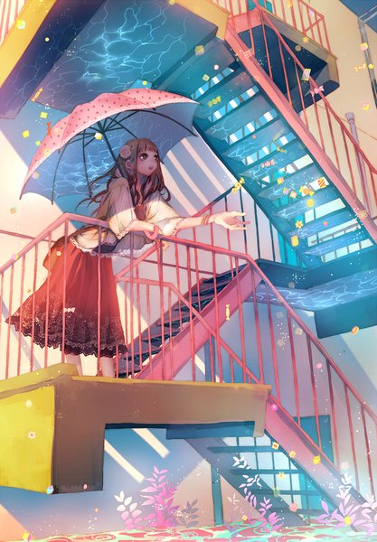 Anime picture 685x985 with original tsukioka tsukiho single long hair tall image blush fringe open mouth brown hair brown eyes hair flower outstretched arm looking up polka dot girl skirt hair ornament flower (flowers) plant (plants) water