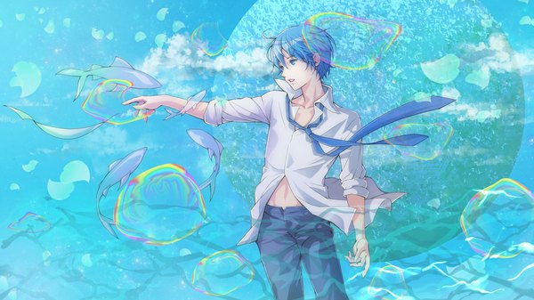 Anime picture 1000x563 with vocaloid kaito (vocaloid) suishougensou single fringe short hair open mouth wide image blue hair looking away sky cloud (clouds) wind outstretched arm partially open clothes twisty sleeves boy animal shirt necktie