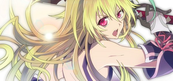 Anime picture 1000x470 with tales of (series) tales of xillia milla maxwell nic (kevin) single long hair looking at viewer open mouth simple background blonde hair wide image white background bare shoulders pink eyes sunlight girl gloves ribbon (ribbons) weapon sword