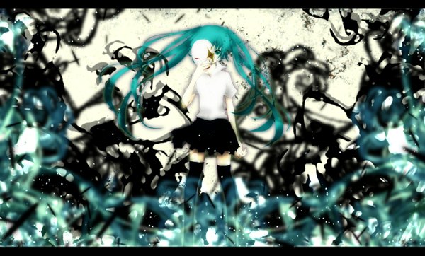Anime picture 1500x907 with vocaloid hatsune miku aonoe single long hair looking at viewer wide image twintails pleated skirt aqua eyes wind aqua hair girl thighhighs black thighhighs miniskirt shirt mask