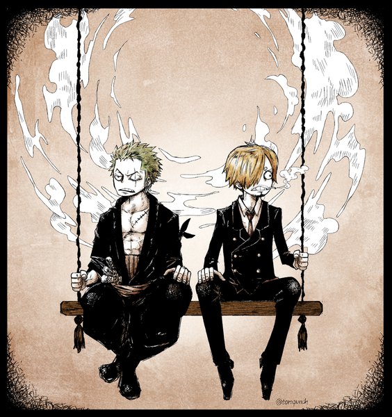 Anime picture 1924x2048 with one piece toei animation roronoa zoro sanji torapunch tall image fringe highres short hair open mouth blonde hair smile sitting holding signed looking away full body traditional clothes japanese clothes one eye closed