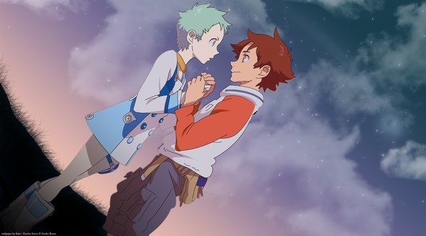 Anime picture 2862x1588 with eureka seven studio bones eureka renton thurston highres short hair smile brown hair wide image standing purple eyes sky cloud (clouds) profile green hair night sky couple holding hands girl dress