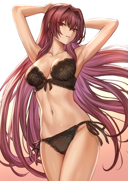 Anime picture 1302x1842 with fate (series) fate/grand order scathach (fate) (all) scathach (fate) mashuu (neko no oyashiro) single long hair tall image looking at viewer fringe breasts light erotic simple background hair between eyes red eyes large breasts standing cleavage purple hair parted lips