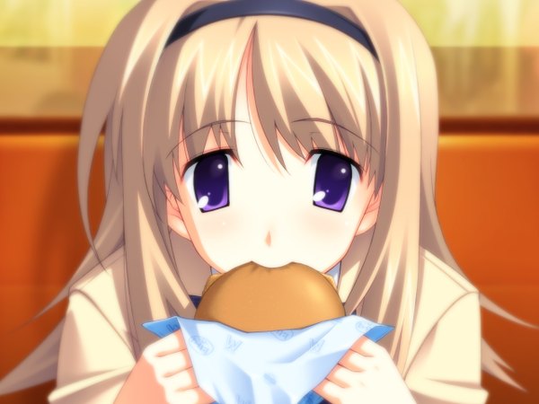 Anime picture 1280x960 with chaos;head nishijou nanami long hair blonde hair serafuku food hamburger