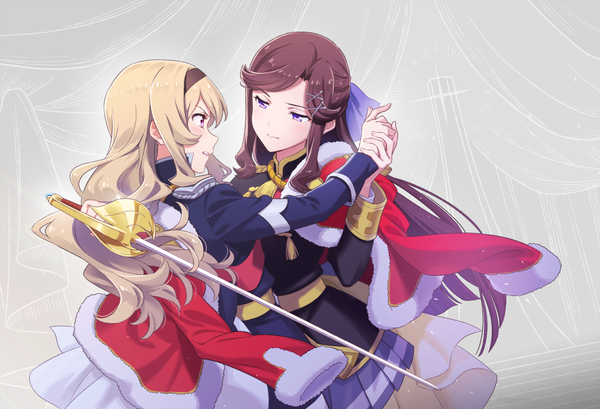 Anime picture 1268x865 with shoujo kageki revue starlight kinema citrus saijou claudine tendou maya jumping dogeza long hair blonde hair brown hair purple eyes multiple girls profile grey background holding hands shoujo ai eye contact girl weapon 2 girls headband x hair ornament