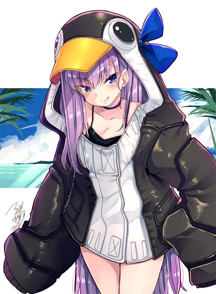 Anime picture 588x800 with fate (series) fate/grand order meltryllis (fate) meltryllis (swimsuit lancer) (fate) meltryllis (swimsuit lancer) (first ascension) (fate) tsurugi hagane single long hair tall image looking at viewer blush fringe blue eyes smile hair between eyes standing white background signed payot sky