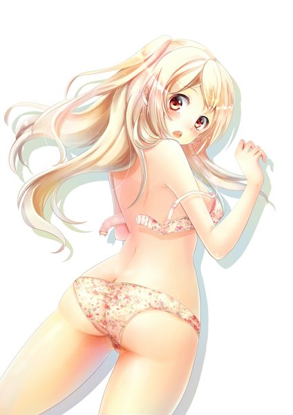 Anime picture 700x990 with original maronie. single long hair tall image blush open mouth light erotic blonde hair simple background white background looking back midriff orange eyes underwear only open bra girl underwear panties lingerie