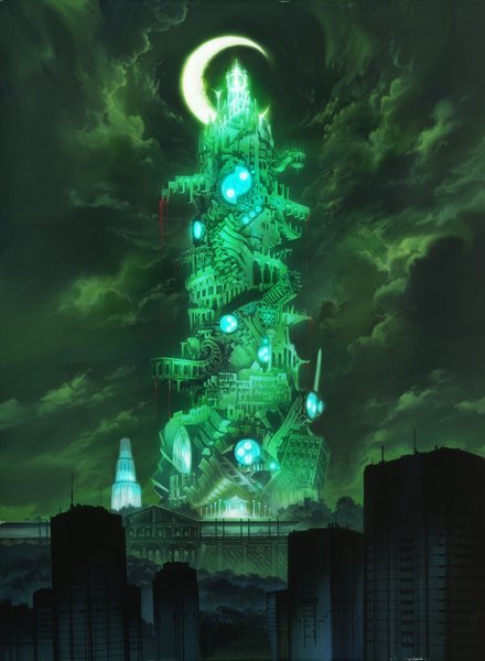 Anime picture 3428x4678 with persona 3 shin megami tensei persona soejima shigenori tall image highres absurdres cloud (clouds) night city glowing fantasy crescent stairs tower