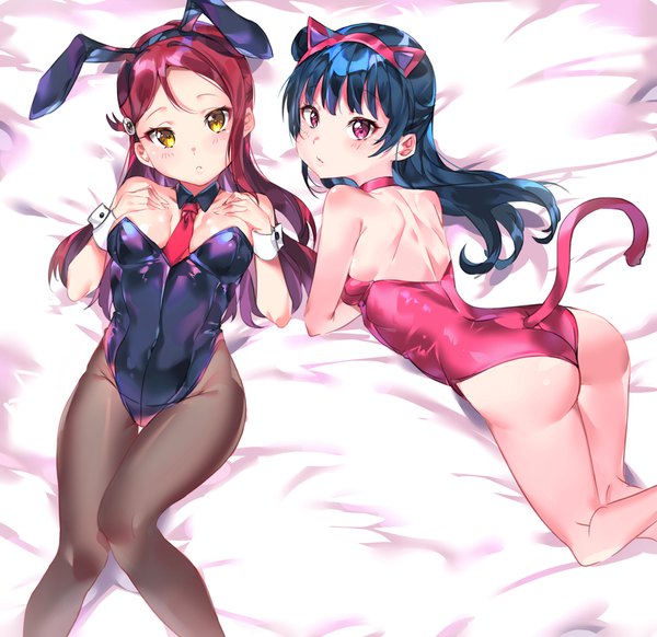 Anime picture 1648x1600 with love live! sunshine!! sunrise (studio) love live! sakurauchi riko tsushima yoshiko tem10 long hair looking at viewer blush fringe breasts light erotic hair between eyes purple eyes multiple girls animal ears yellow eyes blue hair cleavage ass