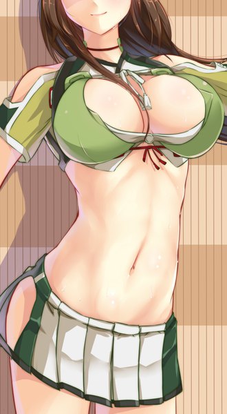Anime picture 1695x3078 with kantai collection amagi (kantai collection) dedeyong single long hair tall image breasts light erotic brown hair large breasts bare belly shadow head out of frame remodel (kantai collection) girl skirt miniskirt crop top