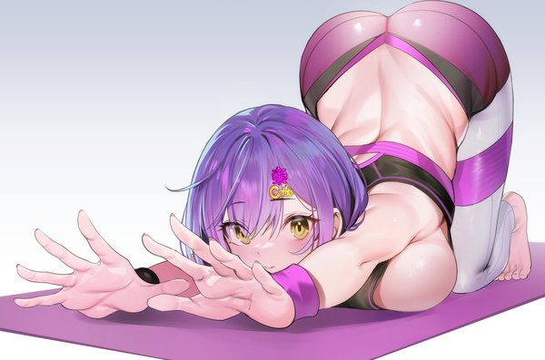 Anime picture 3240x2144 with original teddy (khanshin) single looking at viewer blush fringe highres short hair breasts light erotic simple background hair between eyes large breasts yellow eyes absurdres purple hair full body ass barefoot sideboob